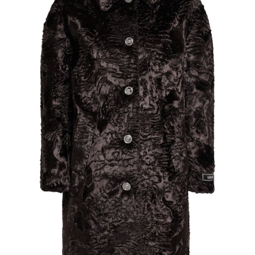 Versace Women’s Astrakan Faux Fur Logo Detail Coat